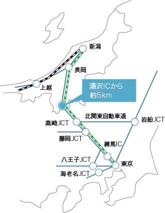 湯沢中里：アクセスマップ（湯沢IC から約5km）